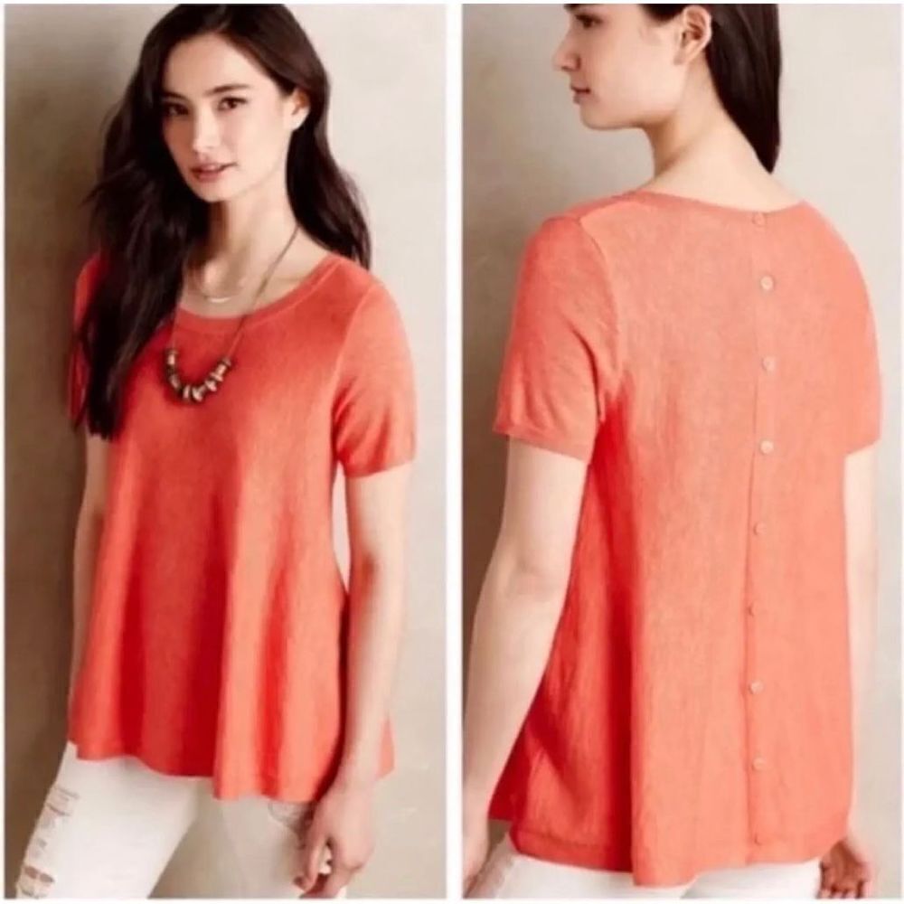 Anthropologie Moth Orange Slub Knit Button Back Swing‎ Top XS